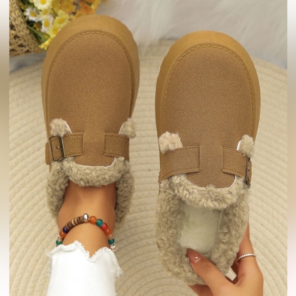 Brown Plush Buckle Slip On Shoes with Platform Indoor/Outdoor Slippers - Picture 2 of 8